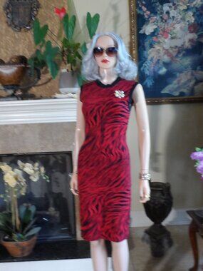 Alexander McQueen Red & Black Zebra Print Knit Sheath Dress Size M